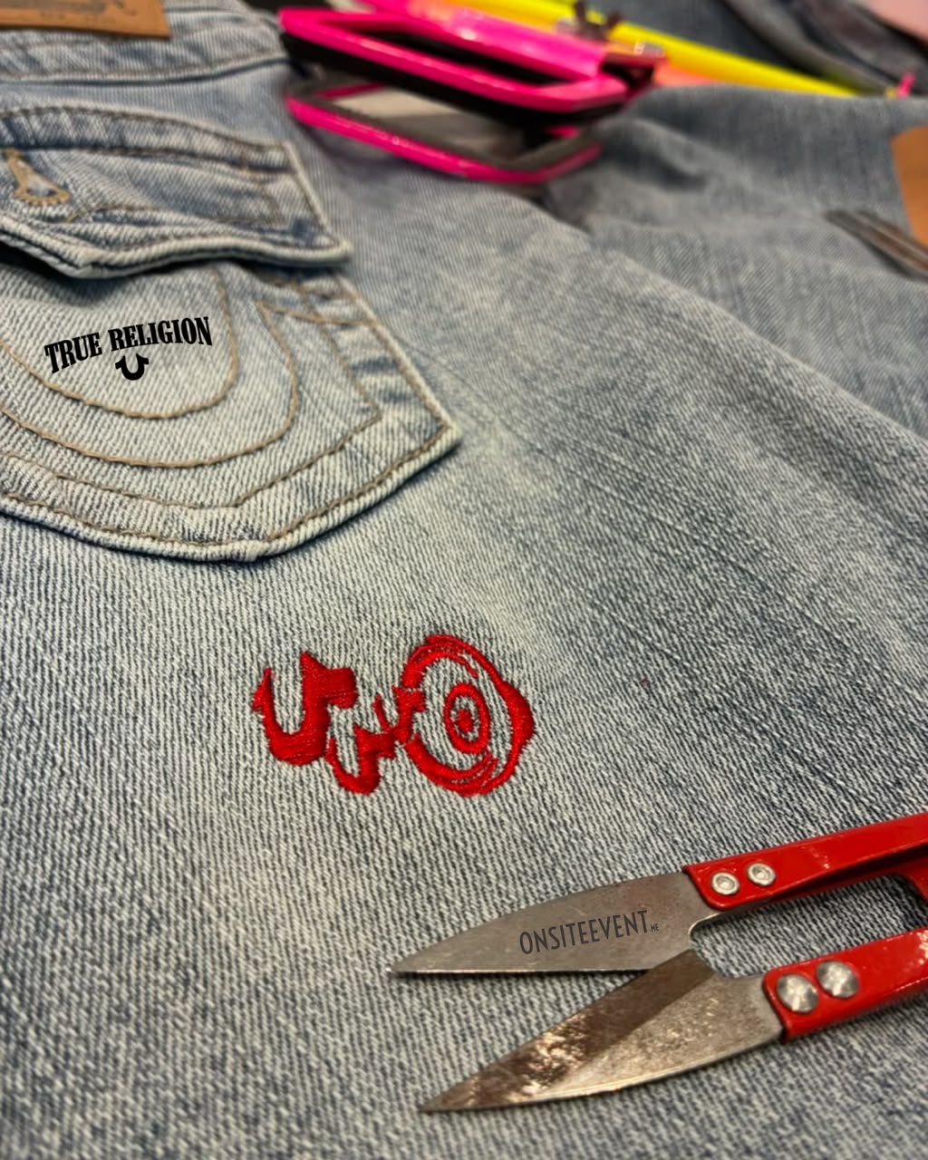 Brand logos stitched on the spot